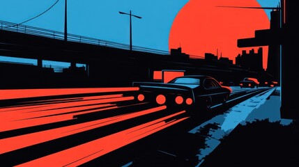 Retro Cars on the Highway with Setting Sun, A Nostalgic American Landscape Art