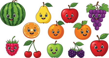 Cute cartoon fruit characters with happy faces, colorful fruits illustration for kids, smiling apple, orange, watermelon, grape, pear, cherry, raspberry, fun clipart