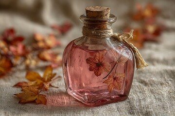 Glass bottle with dried flowers and autumn leaves.