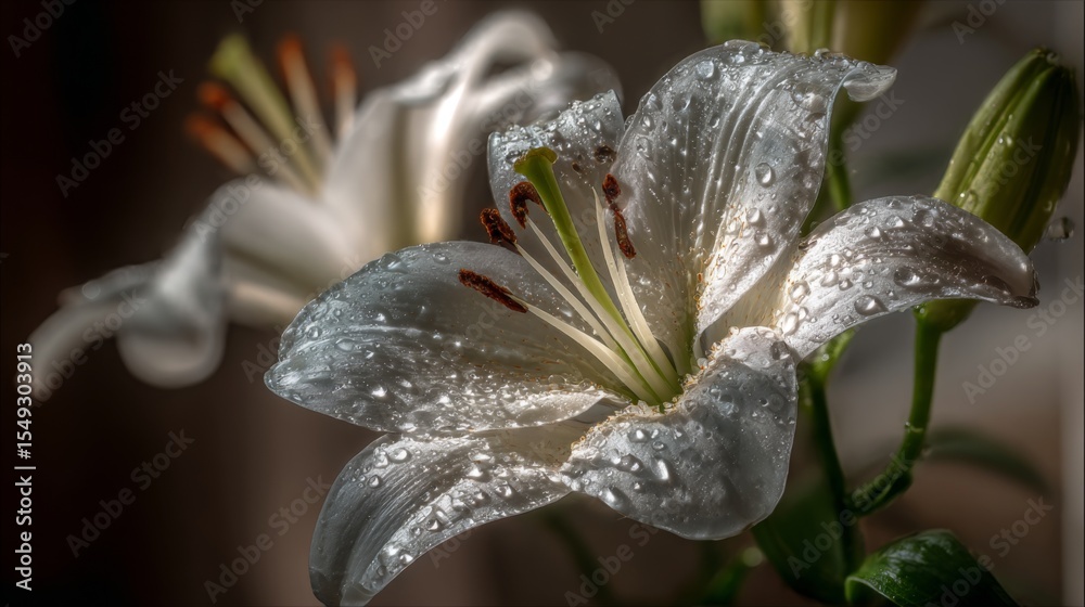 Poster a close-up of a white lily with sparkling water droplets, showcasing the elegance of the flower and 