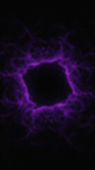 Abstract dark background features a central square void surrounded by luminous blurry and smoky purple shapes