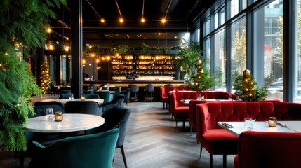 An elegant restaurant interior showcases stylish seating arrangements amidst ambient lighting and green decorative elements, creating a sophisticated and inviting atmosphere.