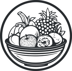Black and white illustration of a bowl filled with assorted fresh tropical fruits including pineapple banana apple and orange
