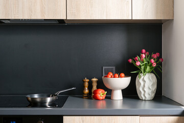 Modern kitchen interior featuring fresh ingredients and stylish decor elements