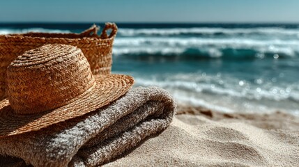 Beach items on sand near ocean