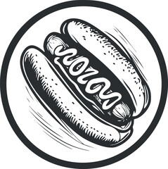 Black and white hand drawn illustration of a hotdog with sausage and mustard in a bun inside a circle