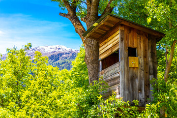 Wooden hunting lodge in alpine mountain forest landscape Austria.