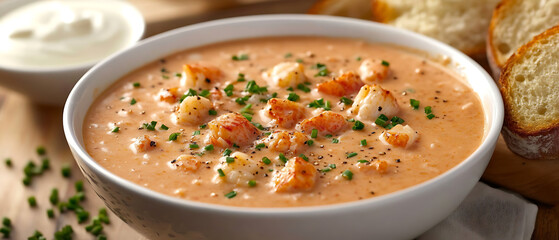 Creamy Lobster Bisque in a Bowl with Fresh Bread and Chives