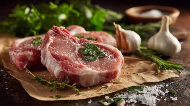 A close-up of raw pork chops on a butcher's table, surrounded by fresh herbs, garlic, and coarse salt, ready for cooking - Powered by Adobe