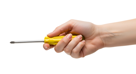 Holding screwdriver in hand with bright yellow handle on white