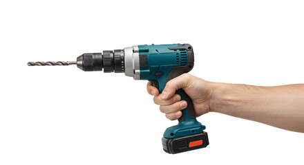 Holding Cordless Drill with Drill Bit Ready for Work on White