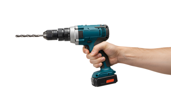 Holding Cordless Drill with Drill Bit Ready for Work on White