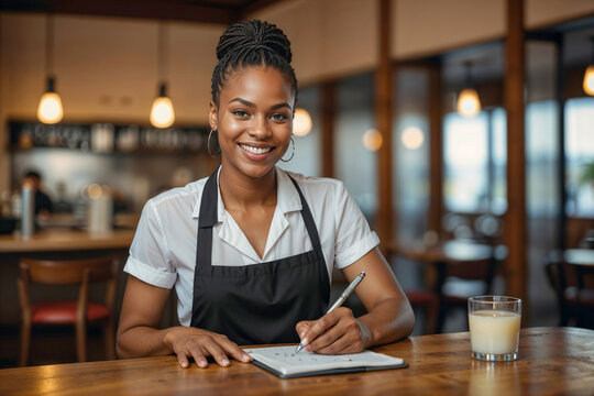 Black young waitress is sitting at a table with a notebook and pen, smiling as she waitress. The scene suggests a casual and relaxed atmosphere, possibly in a coffee shop or a restaurant