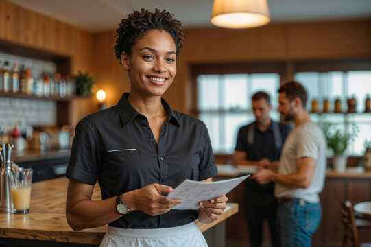 Portrait of young African American waitress woman is smiling at the camera in bar at hotel - Powered by Adobe