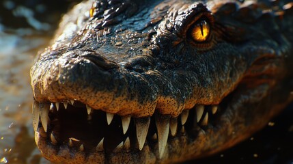 Obraz premium Close-up crocodile head, river water, jungle background, wildlife documentary