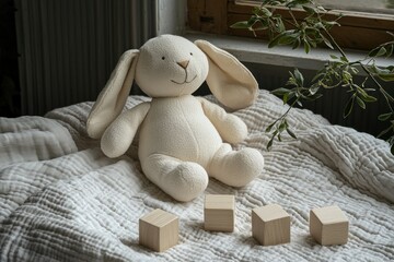 Cream-colored bunny toy sits on a cream-colored blanket with wooden blocks
