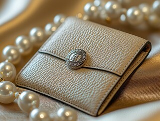 Cream-colored leather wallet,  pearl necklace