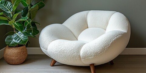 Cream-colored, fluffy armchair with a rounded, flower-like shape, nestled in a room with a large potted plant