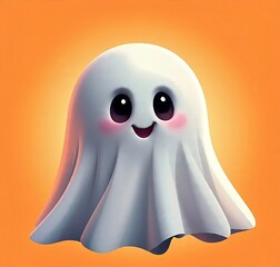 A white cute ghost with a happy expression is isolated on an orange background, creating a fun and friendly Halloween-themed design.
