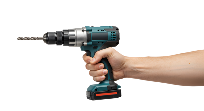 Hand holding a power drill, ready for drilling on white background