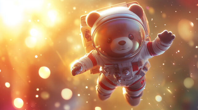 A bear astronaut in a spacesuit, floating in space with a backpack and helmet, against a glowing background.