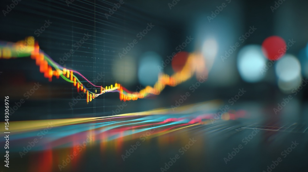 Poster A close-up view of a financial chart with various colored lines depicting market performance over time, set on a sleek desk with a blurred background.