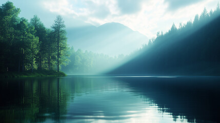 Fototapeta premium A serene lake surrounded by dense forest, with sunlight filtering through the trees and reflecting on the water.