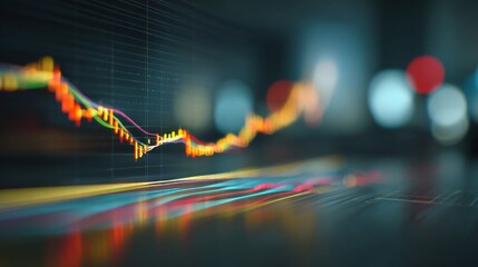 A close-up view of a financial chart with various colored lines depicting market performance over time, set on a sleek desk with a blurred background.