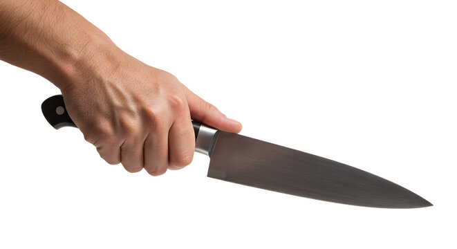 Hand holding stainless steel kitchen knife against a white background