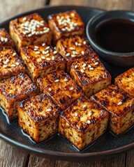 Crispy tofu cubes, glazed and seasoned,  with sesame seeds.  Small bowl of dark sauce