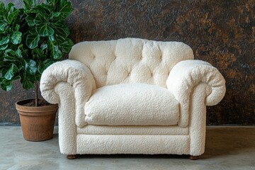 Cream-colored tufted armchair,  plant in pot,  dark wall