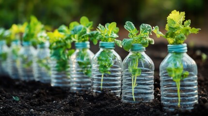 Sustainable Gardening: Plants Growing in Recycled Plastic Bottles on a Garden