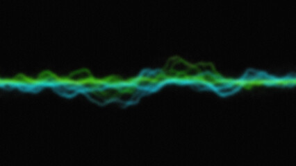 Abstract green and blue waveform pattern with undulating lines on a black background