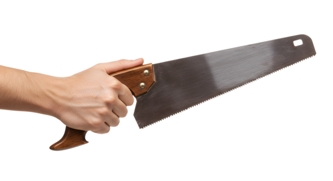 Holding Hand Saw Ready to Cut on an Isolated Background