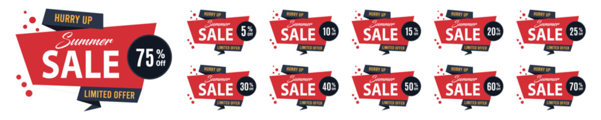 A collection of summer sale badges with various percentage discounts and 