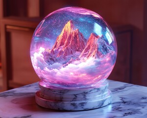 Crystal sphere, luminous mountain.  Pink, glowing clouds.  Marble base.  Mystical, surreal