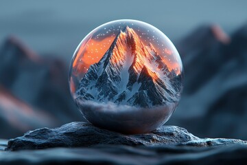 Crystal sphere cradles a majestic mountain peak, snow-capped and vibrant