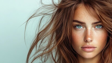A captivating portrait of a young woman showcasing her flawless skin, striking eyes, and flowing hair, embodying beauty and confidence in modern aesthetics.