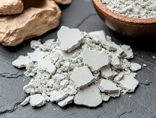 Crushed light gray clay powder on dark stone, with chunks of raw clay