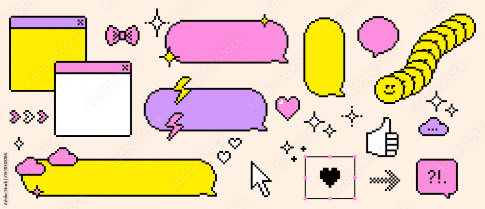 Fototapete 8 bit digital chic cute emoji in pink, purple, yellow. set of empty retro speech bubbles and icons. 