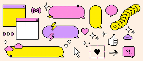 8 bit digital chic cute emoji in pink, purple, yellow. Set of empty retro speech bubbles and icons. Pixel art style. Pixel dialogue box for social media network. Game abstract isolated vector elements
