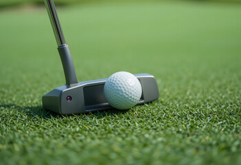 Close-up shot of a golf ball and putter on the putting green, highlighting the critical alignment before a stroke.