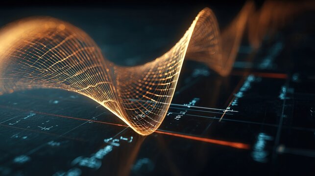 Abstract digital wave, orange-gold mesh on dark background with technical grid