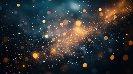 Fototapeta premium Sparkling golden dust, dark blue background, bokeh, abstract, design element