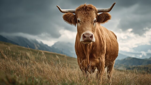 Low-angle view of a majestic cow standing firmly on grassy terrain, emphasizing its size and presence