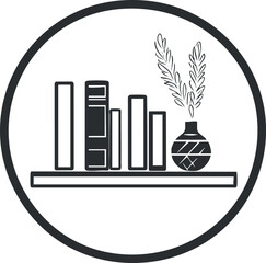 Black and white icon of a bookshelf with books and a decorative vase with feathers on a shelf