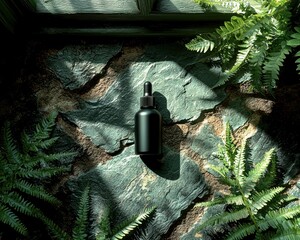 Dark bottle dropper on a stone surface surrounded by fern foliage in dappled sunlight