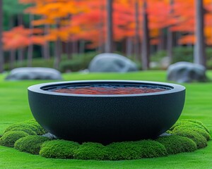 Dark bowl-shaped water feature, nestled in mossy garden, autumnal background