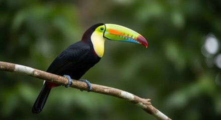 Naklejka premium Chestnut-Mandibled Toucan Perched on Branch in Lush Rainforest Setting