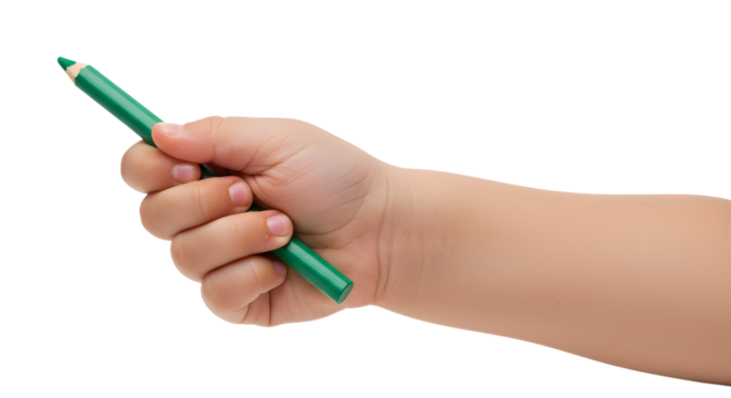 Child's Hand Holding Green Pencil Crayon Ready for Drawing Art - Powered by Adobe